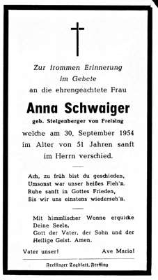 Sterbebildchen Nikolaus Schwaiger, *1901 †24.09.1954