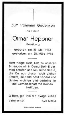 Sterbebildchen Otmar Heppner, *23.05.1931 †28.03.1955