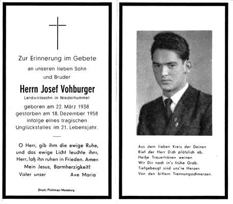 Sterbebildchen Josef Vohburger, *22.03.1938 †18.12.1958