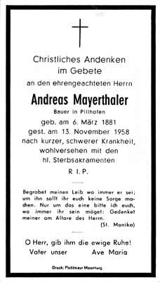 Sterbebildchen Andreas Mayerthaler, *06.03.1891 †13.11.1958