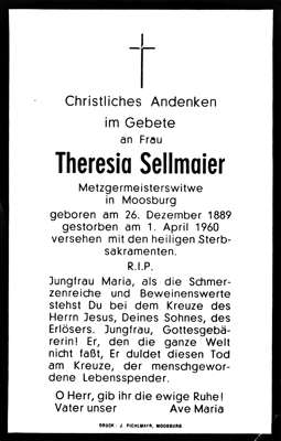 Sterbebildchen Theresia Sellmaier, *26.12.1889 †01.04.1960