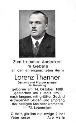 Sterbebildchen Lorenz Thanner, *14.10.1888 †01.03.1960