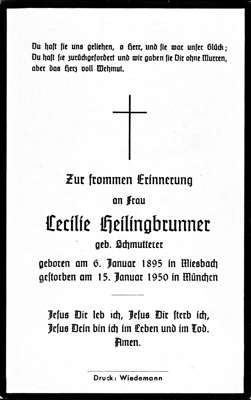 Sterbebildchen Cecilie Heilingbrunner, *06.01.1895 †15.01.1950