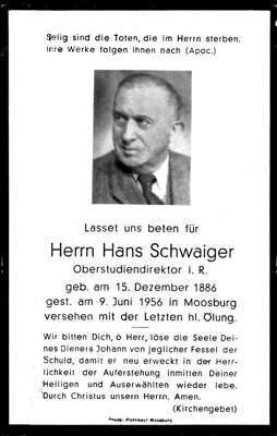Sterbebildchen Hans Schwaiger, *15.12.1886 †09.06.1956