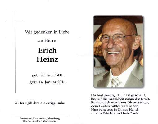 Sterbebildchen Erich Heinz, *30.06.1931 †14.01.2016