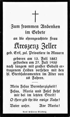 Sterbebildchen Kreszenz Zeller, *13.07.1882 †27.07.1950
