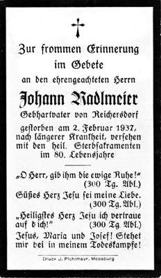 Sterbebildchen Johann Radlmeier, *1857 †02.02.1937