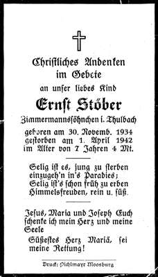 Sterbebildchen Ernst Stber, *30.11.1934 †01.04.1942
