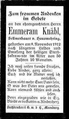 Sterbebildchen Emmeram Knbl, *1862 †08.11.1912