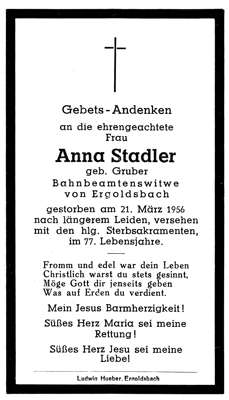 Sterbebildchen Anna Stadler, *1879 †21.03.1956