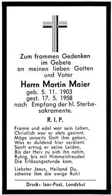 Sterbebildchen Martin Maier, *05.11.1903 †17.05.1958
