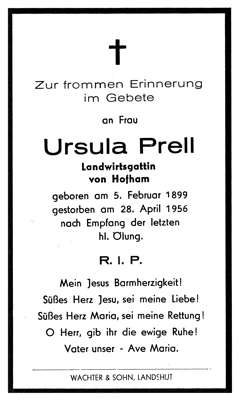 Sterbebildchen Ursula Prell, *05.02.1899 †28.04.1956