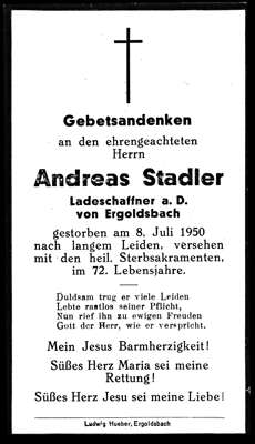 Sterbebildchen Andreas Stadler, *1878 †08.07.1950