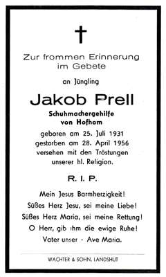 Sterbebildchen Jakob Prell, *25.07.1931 †28.04.1956