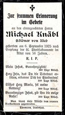 Sterbebildchen Michael Knbl, *1869 †06.09.1925