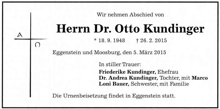 Todesanzeige Dr. Otto Kundinger, *18.09.1948 †26.02.2015