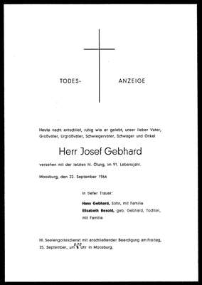 Todesanzeige Josef Gebhard, *1873 †23.09.1964