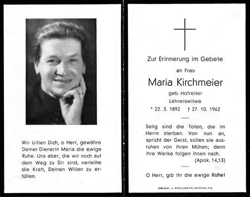 Sterbebildchen Maria Kirchmeier, *22.03.1892 †27.10.1962