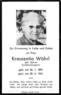 Sterbebildchen Kreszentia Whrl, *26.01.1891 †30.06.1961