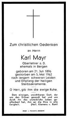 Sterbebildchen Karl Mayr, *21.07.1896 †05.05.1962