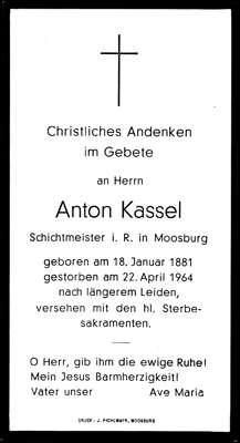 Sterbebildchen Anton Kassel, *18.01.1881 †22.04.1964