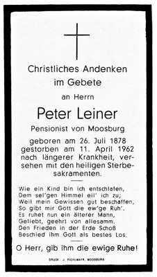 Sterbebildchen Peter Leiner, *26.07.1878 †11.04.1962