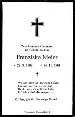 Sterbebildchen Franziska Meier, *22.03.1909 †14.11.1961