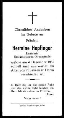 Sterbebildchen Hermine Hepfinger, *1888 †04.12.1961