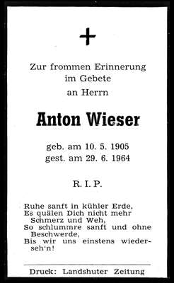 Sterbebildchen Anton Wieser, *10.05.1905 †29.06.1964