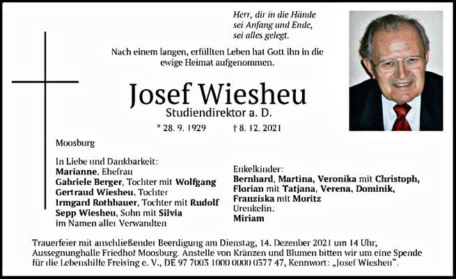 Todesanzeige Josef Wiesheu *28.09.1929 †08.12.2021