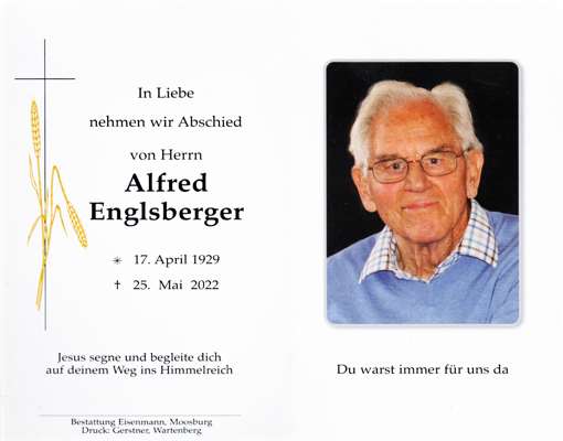 Sterbebildchen Alfred Englsberger *17.04.1929 †25.05.2022