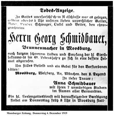 Todesanzeige Georg Schmidbauer *14.10.1871 †01.12.1919