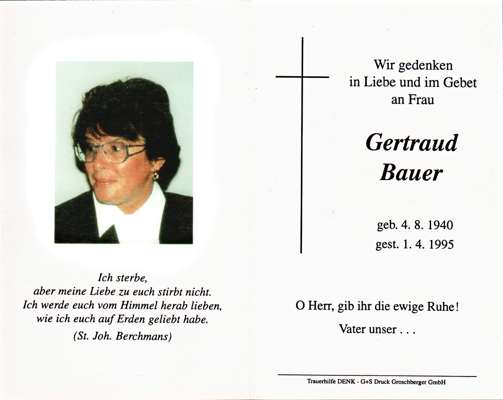 Sterbebildchen Gertraud Bauer, *04.08.1940 †01.04.1995