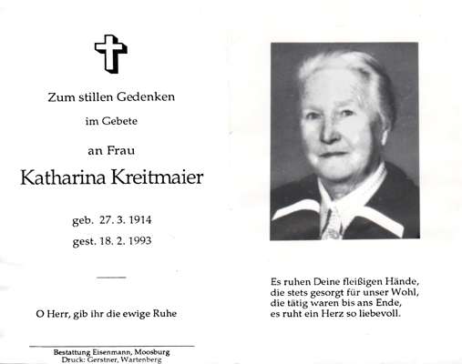 Sterbebildchen Katharina Kreitmaier, *27.03.1914 †18.02.1993
