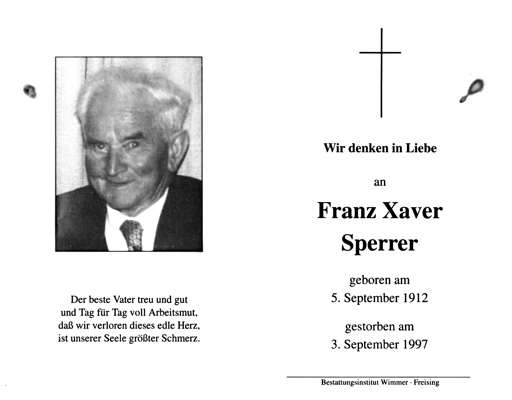 Sterbebildchen Franz Xaver Sperrer, *05.09.1912 †03.09.1997