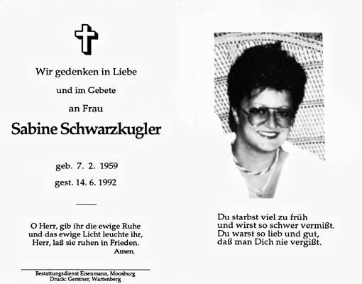 Sterbebildchen Sabine Schwarzkugler, *07.02.1959 †14.06.1992