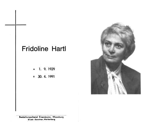 Sterbebildchen Fridoline Hartl, *01.09.1929 †30.04.1991