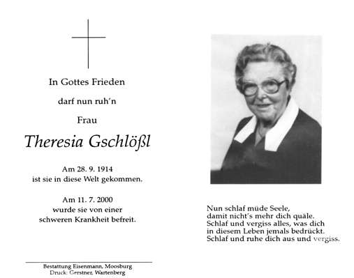 Sterbebildchen Theresia Gschll, *28.09.1914 †11.07.2000