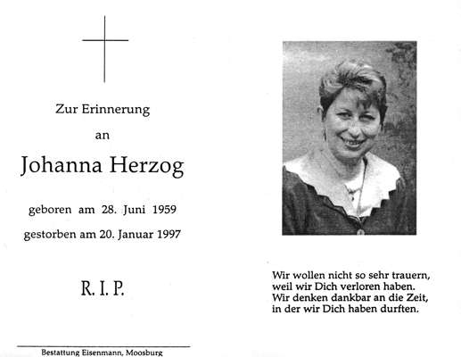 Sterbebildchen Johanna Herzog, *28.06.1959 †20.01.1997