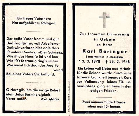 Sterbebildchen Karl Beringer, *03.03.1878 †26.02.1948