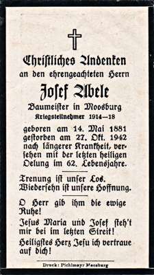 Sterbebildchen Josef Abele, *14.05.1881 †27.10.1942