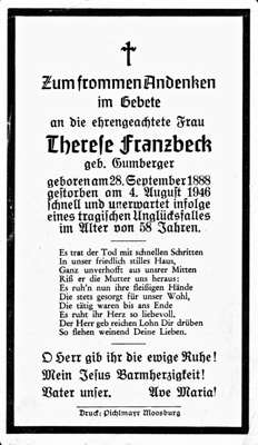 Sterbebildchen Therese Franzbeck, *28.09.1888 †04.08.1946