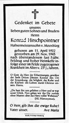 Sterbebildchen Konrad Hirschpointner, *11.04.1922 †29.11.1945