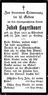 Sterbebildchen Jakob Kagerlbauer, *16.09.1872 †25.01.1932