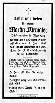 Sterbebildchen Martin Kirmaier, *14.12.1908 †05.06.1943