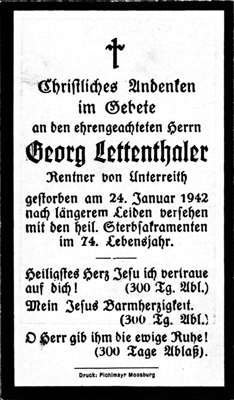 Sterbebildchen Georg Lettenthaler, *1868 †24.01.1942