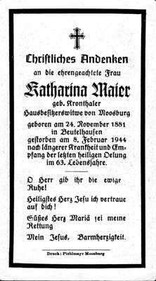 Sterbebildchen Katharina Maier, *24.11.1881 †08.02.1944
