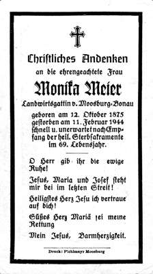 Sterbebildchen Monika Meier, *12.10.1875 †11.02.1944