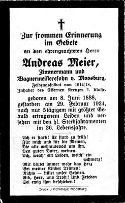 Sterbebildchen Andreas Meier, *08.06.1888 †29.02.1924