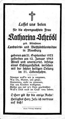 Sterbebildchen Katharina Schrdl, *21.09.1872 †12.01.1943